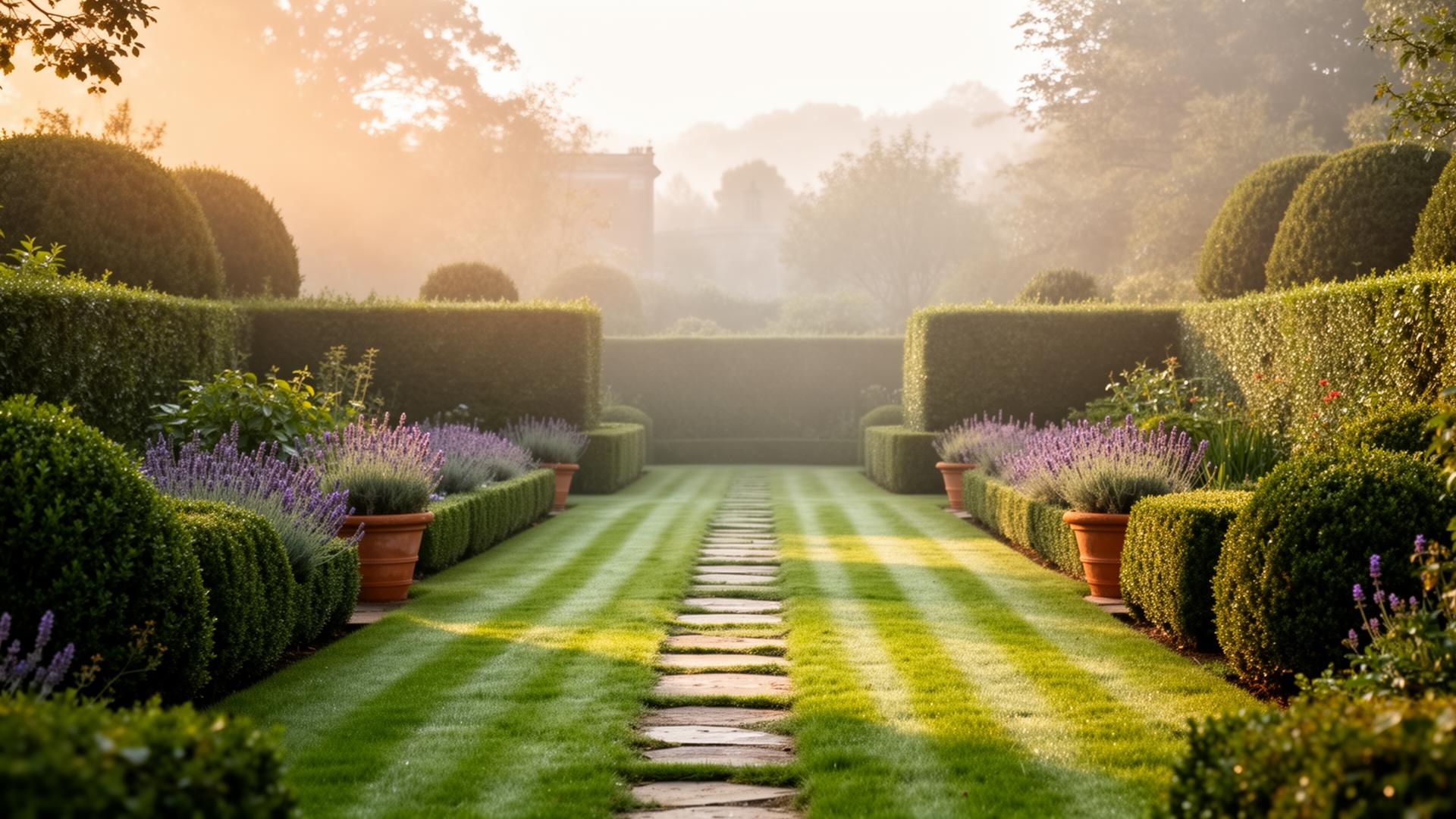 Manicured English garden at sunrise